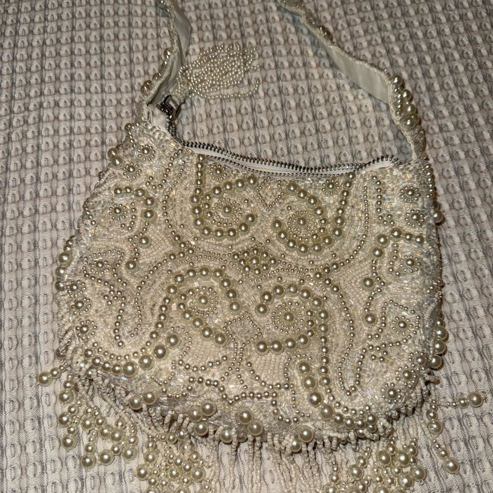 Elegant Pearl-Embellished Cream Bag